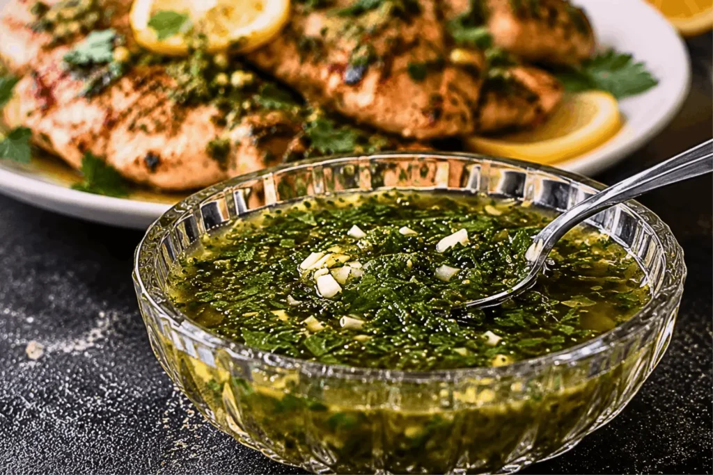 Authentic Italian Salmoriglio sauce made with olive oil, lemon juice, garlic, and parsley in a serving bowl.