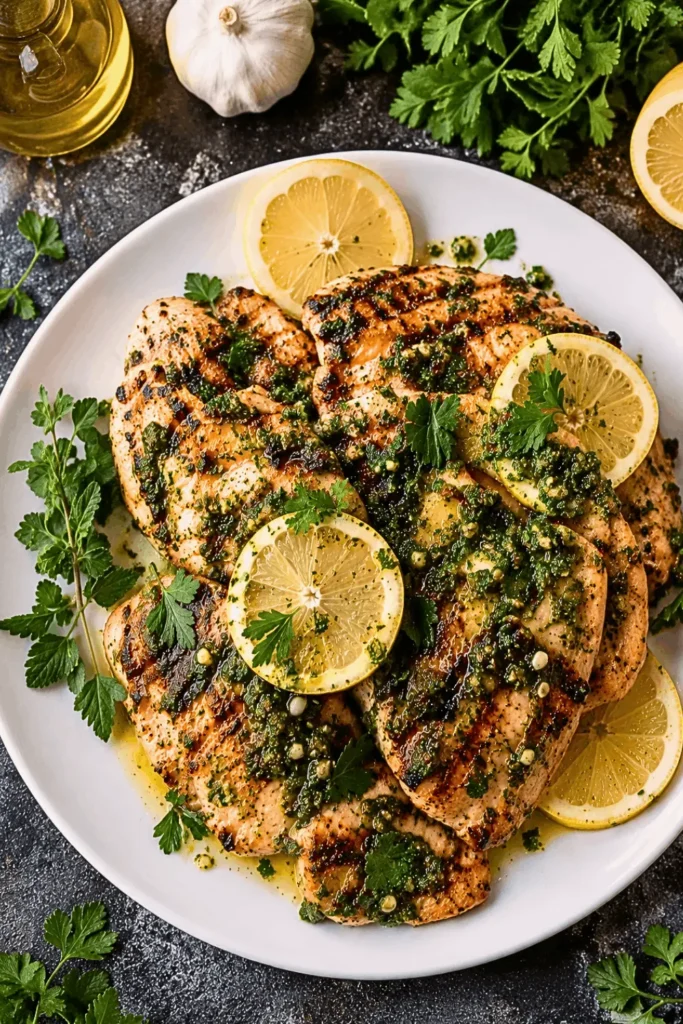 Easy Italian grilled chicken recipe served with lemon slices and a fresh garlic herb Salmoriglio sauce on a white plate.