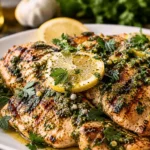 Italian grilled chicken recipe topped with authentic Salmoriglio sauce, fresh parsley, garlic, olive oil, and lemon slices on a serving platter.