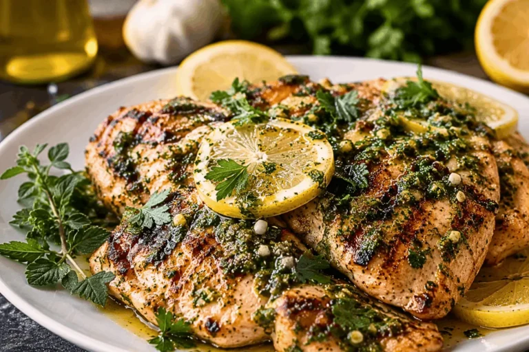 Italian grilled chicken recipe topped with authentic Salmoriglio sauce, fresh parsley, garlic, olive oil, and lemon slices on a serving platter.