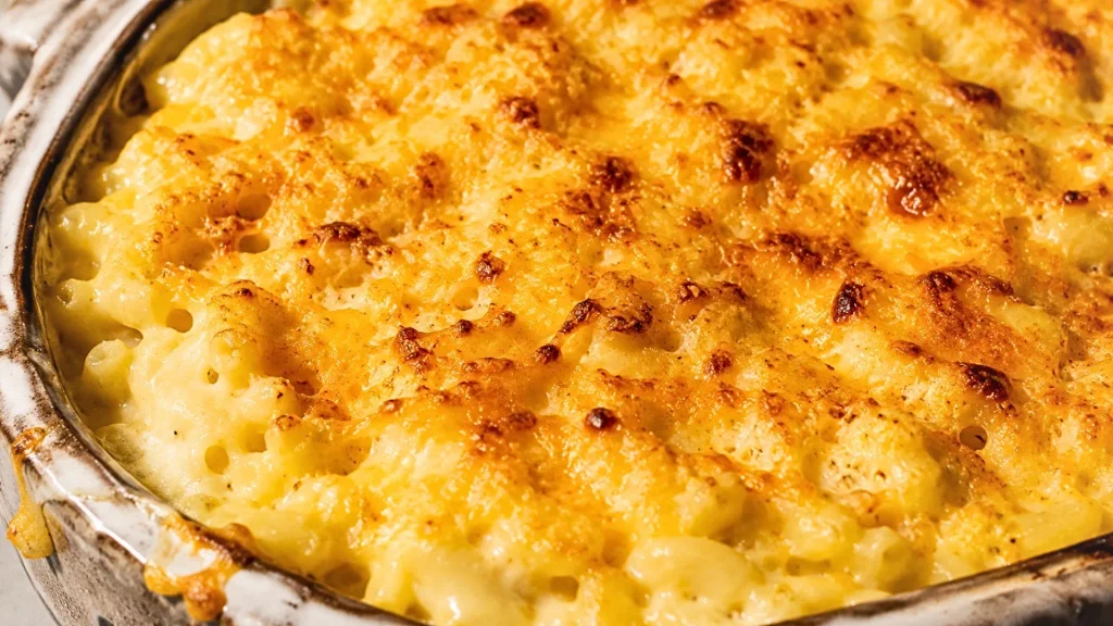 Baked Paula Deen Mac and Cheese with a golden browned cheese crust