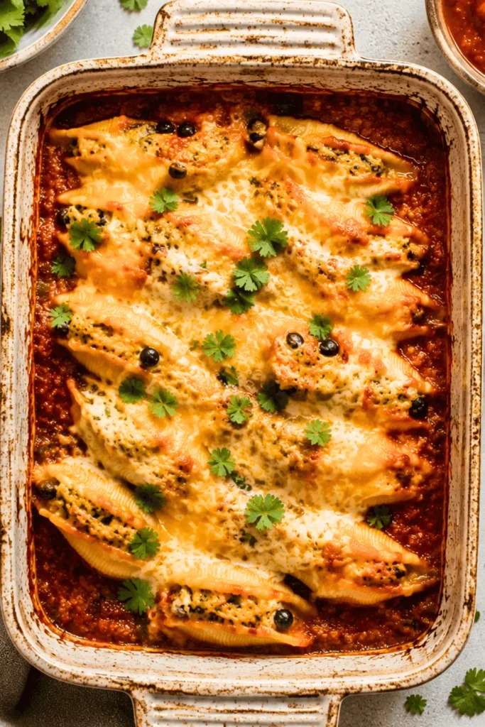 Cheese taco stuffed shells topped with melted cheese and cilantro in a baking dish
