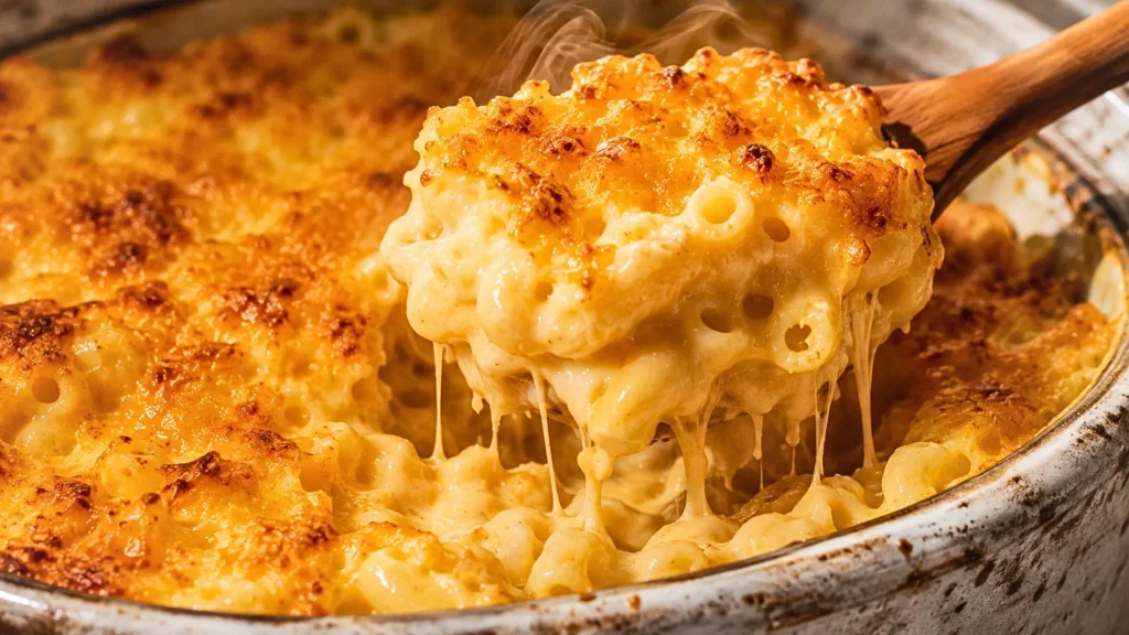 Creamy Paula Deen Mac and Cheese spoonful with melted cheese and golden topping