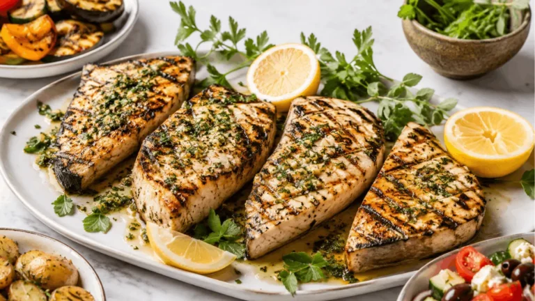 Grilled swordfish steak with salmoriglio sauce plated with lemon halves, parsley, and grilled vegetables