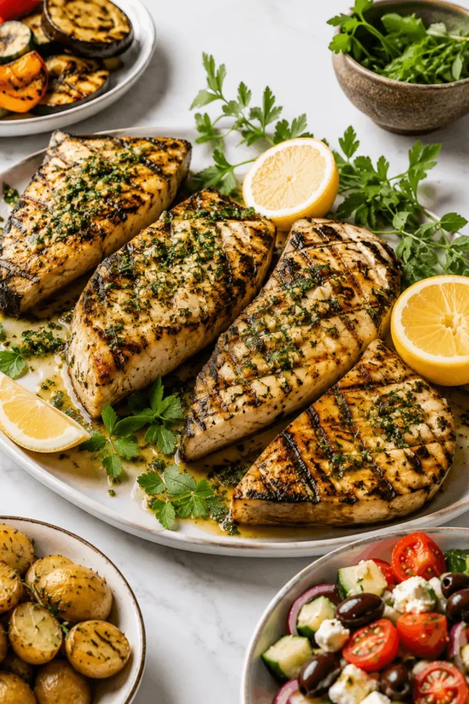 Grilled swordfish steak with salmoriglio sauce served alongside roasted potatoes and a Mediterranean salad