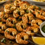 Italian Grilled Shrimp on a wood board with Salmoriglio sauce and lemon wedges