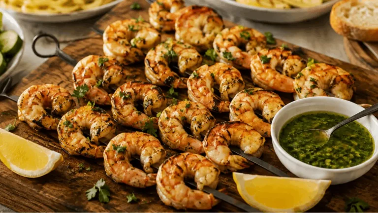 Italian Grilled Shrimp on a wood board with Salmoriglio sauce and lemon wedges