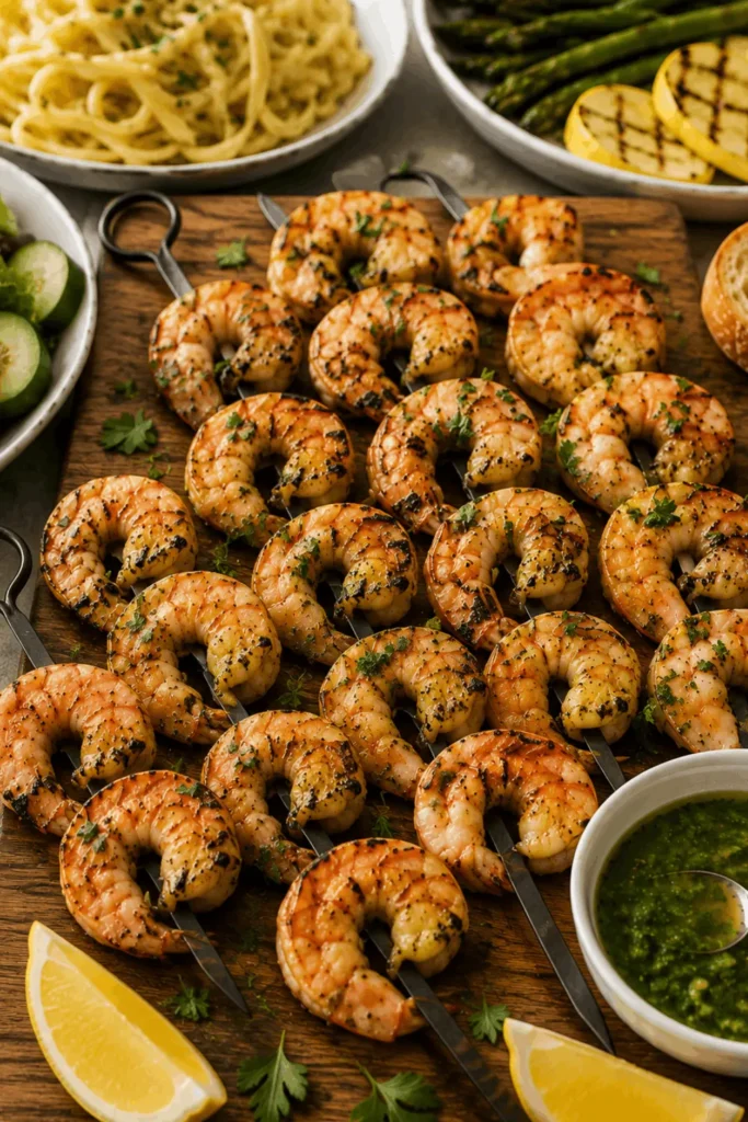 Italian grilled shrimp on skewers next to Salmoriglio sauce, pasta, and grilled vegetables