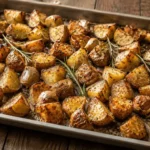 Golden Italian Roasted Potatoes with whole garlic cloves and fresh rosemary