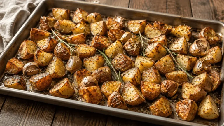 Golden Italian Roasted Potatoes with whole garlic cloves and fresh rosemary