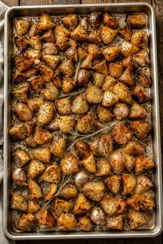 Italian Roasted Potatoes with garlic and rosemary on a baking sheet