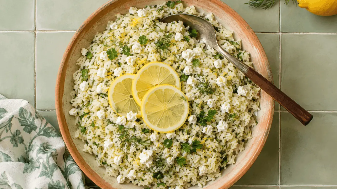 lemon herb rice pilaf with feta in a terracotta bowl, topped with lemon slices and fresh herbs