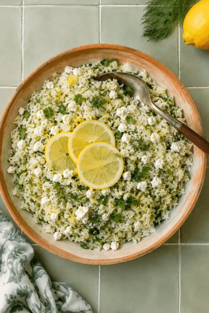 lemon herb rice pilaf with feta and lemon slices in a terracotta bowl with a spoon