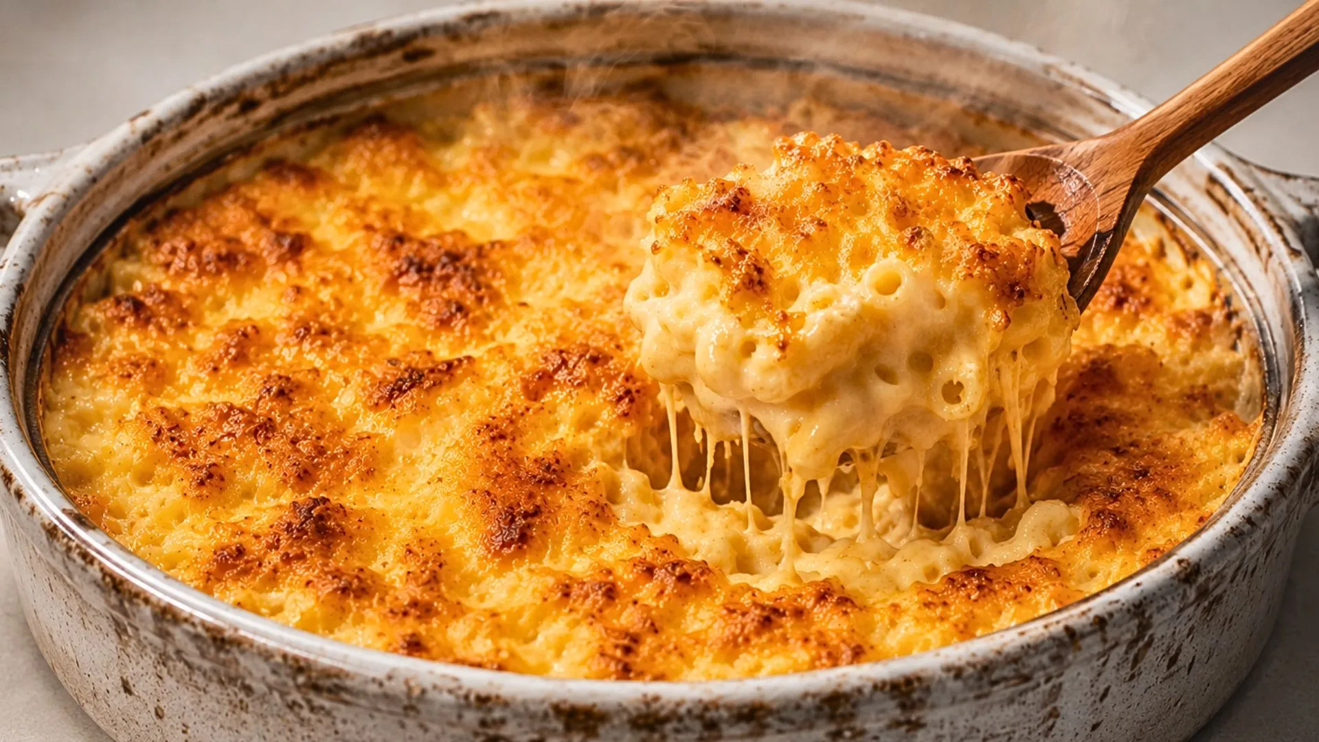 Paula Deen Mac and Cheese with creamy noodles and golden crispy cheese topping
