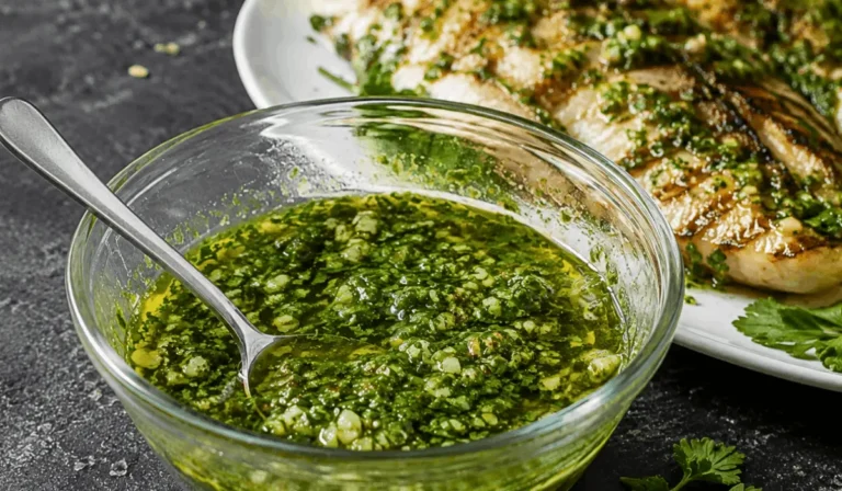 authentic Salmoriglio sauce recipe in a glass bowl with a spoon, grilled chicken in the background