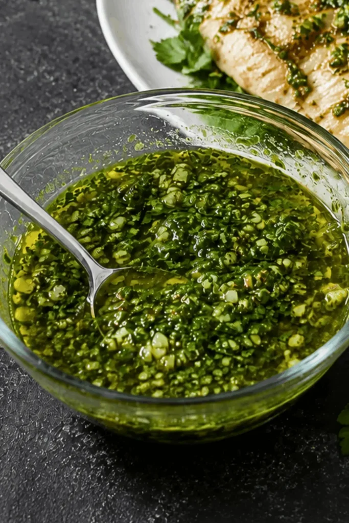 Salmoriglio sauce recipe in a glass bowl next to grilled chicken drizzled with the same sauce