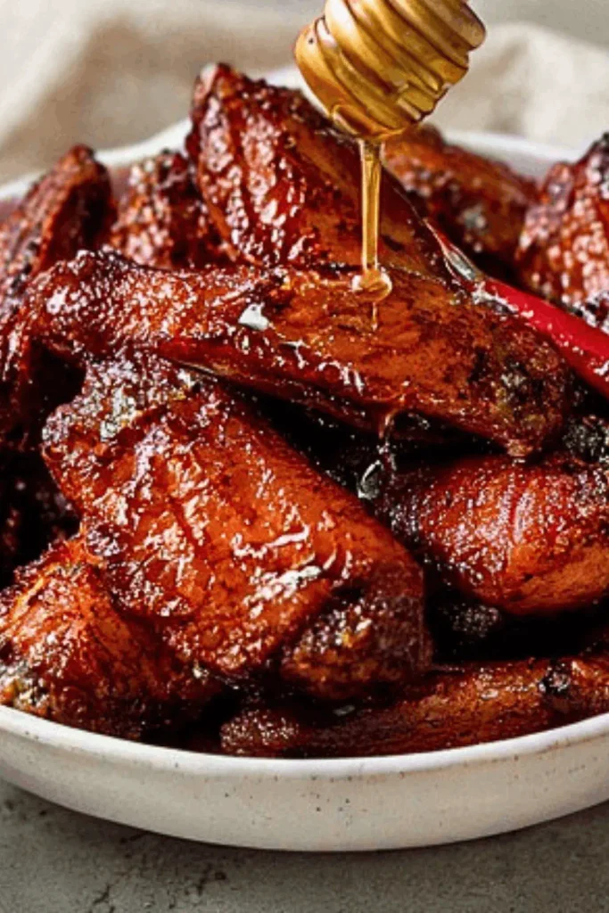 Close-up of glazed Wingstop hot honey rub wings with honey dripping from a dipper