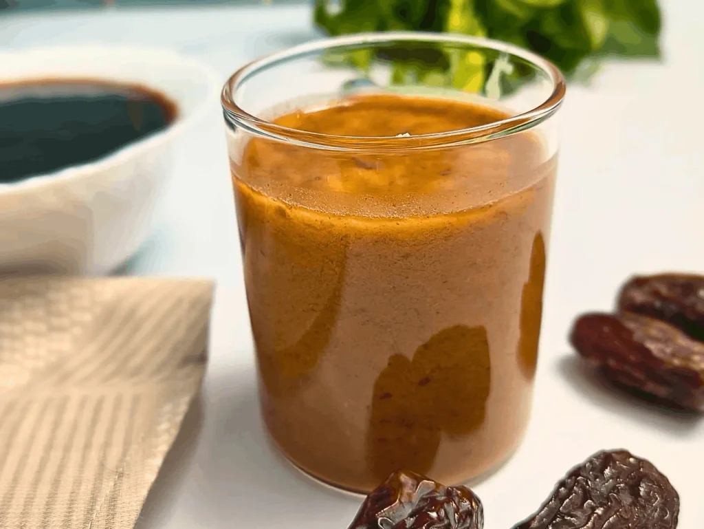 Glass of balsamic date vinaigrette with Medjool dates and balsamic vinegar in background