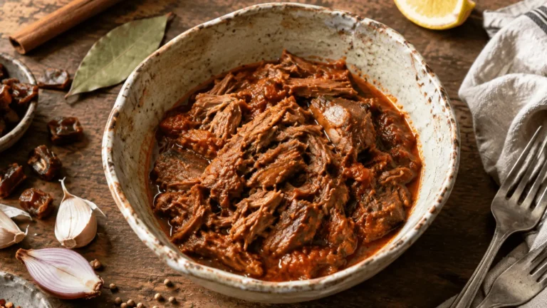 CAVA braised lamb in a speckled ceramic bowl with shredded meat in a red spiced tomato sauce