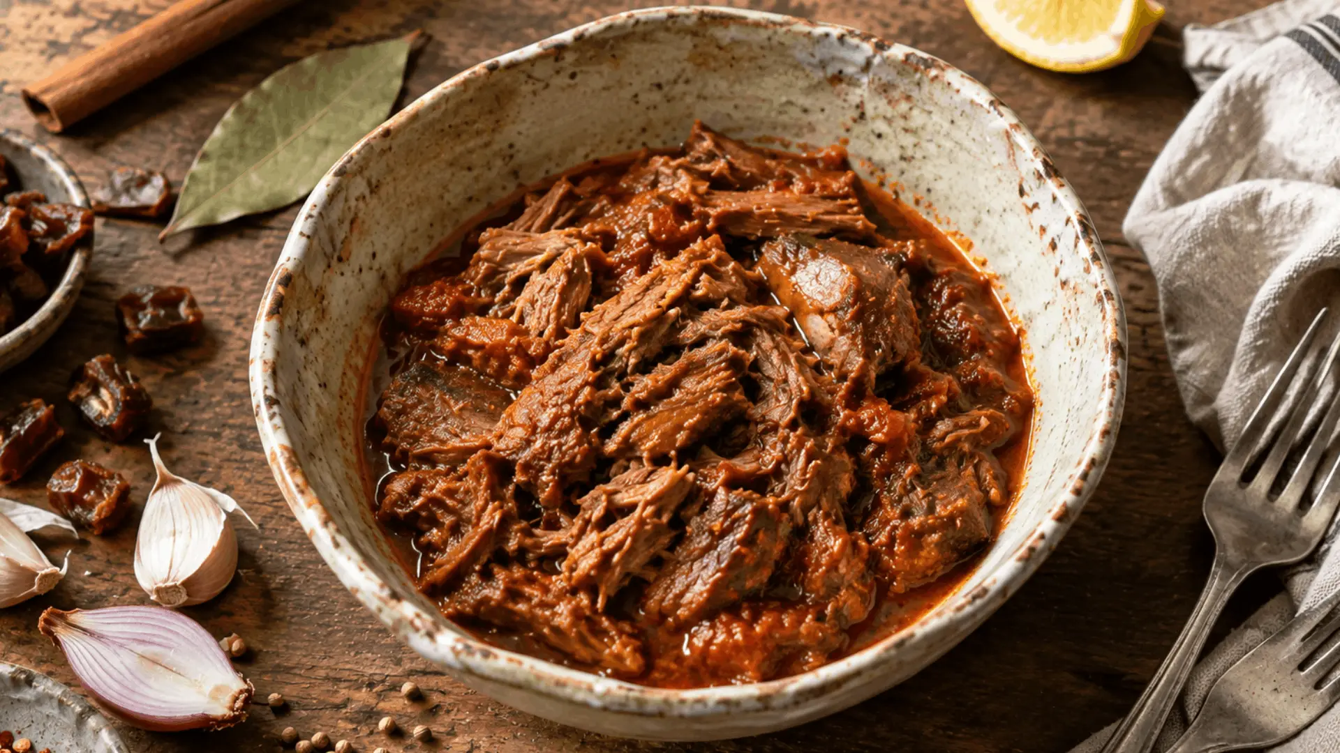 CAVA braised lamb in a speckled ceramic bowl with shredded meat in a red spiced tomato sauce