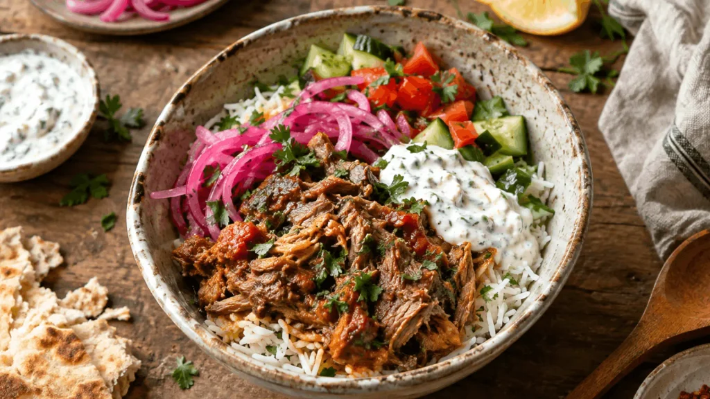 CAVA braised lamb rice bowl with tzatziki, pickled red onions, cucumber, tomato, and parsley