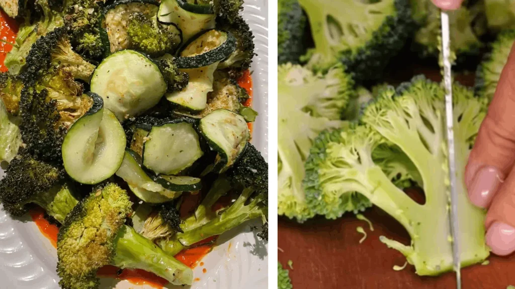 CAVA Fiery Broccoli Plated and in Prep roasted broccoli and zucchini plated over harissa sauce