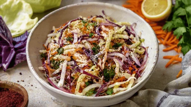 A bowl of copycat CAVA cabbage slaw made with shredded red cabbage, green cabbage, carrots, and Mediterranean herbs.