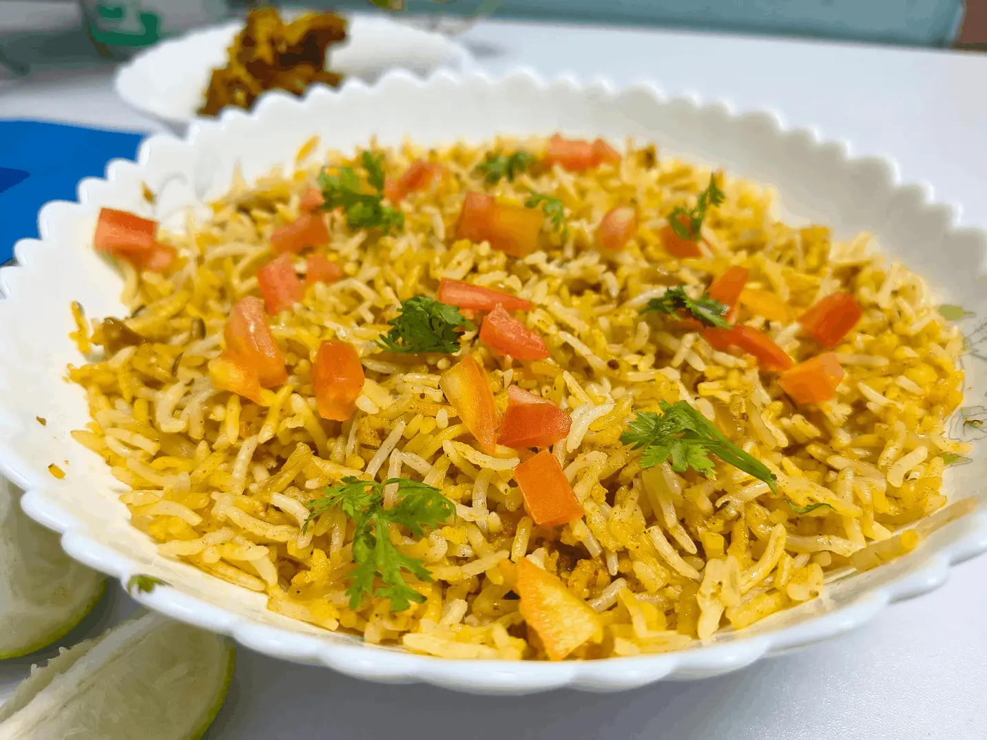 Cava Saffron Basmati Rice topped with fresh tomatoes and coriander