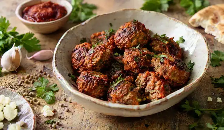 Baked Cava spicy lamb meatballs in a rustic ceramic bowl with harissa, parsley, garlic, and feta