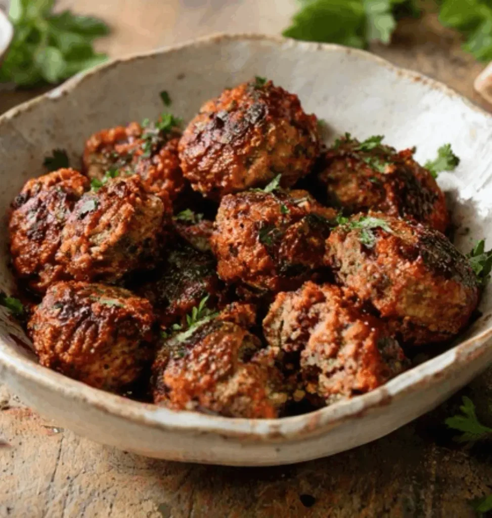 Close-up of browned baked lamb meatballs with fresh parsley in a ceramic bowl on a wooden table