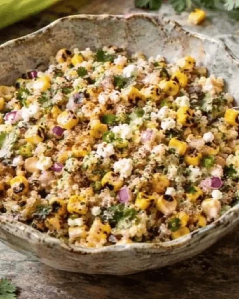 Elote quinoa salad recipe in a ceramic bowl with charred corn, cotija, red onion, and cilantro