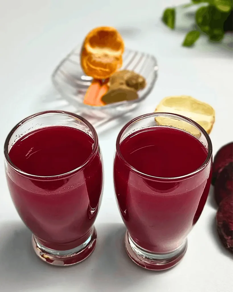 Two glasses of fresh beet ginger juice with orange beside beetroot, lemon, and ginger