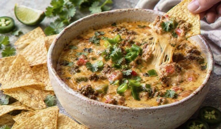 Ground beef queso dip in a ceramic bowl with a tortilla chip pulling a stretchy cheese scoop
