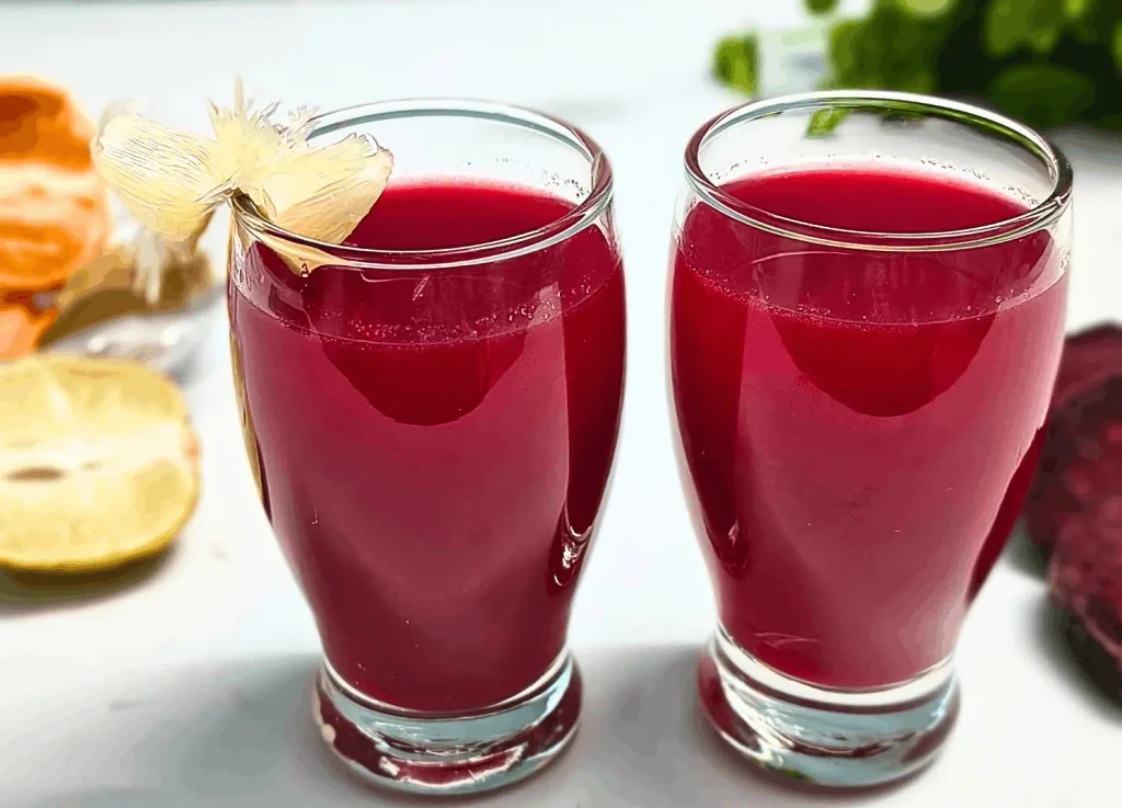 Homemade beet ginger orange juice served in two glasses with beetroot, orange, lemon, and ginger
