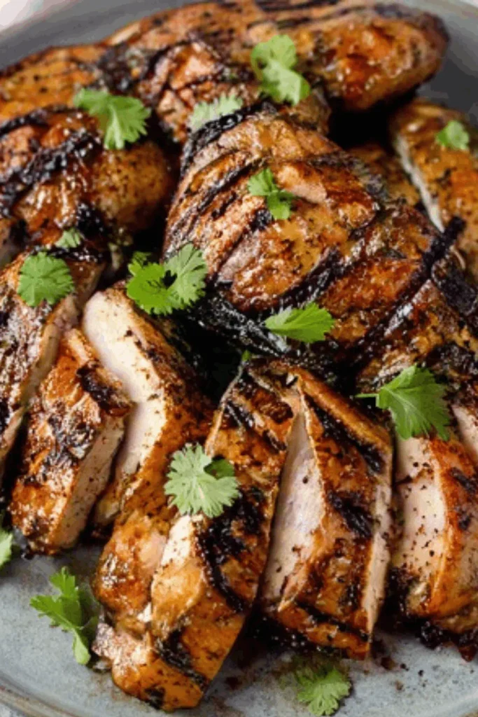 Close-up of juicy CAVA grilled chicken recipe with char marks and cilantro