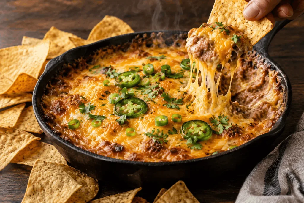 Tortilla chip lifting a cheesy scoop of bean and cheese dip from a cast iron skillet with jalapeño slices