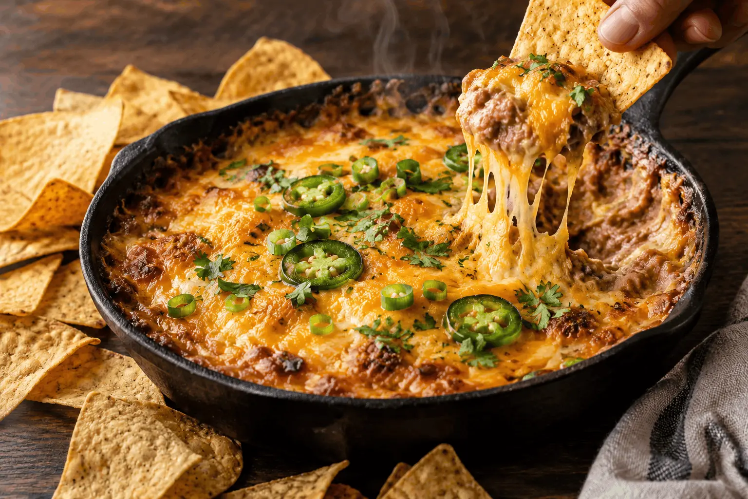 Tortilla chip lifting a cheesy scoop of bean and cheese dip from a cast iron skillet with jalapeño slices