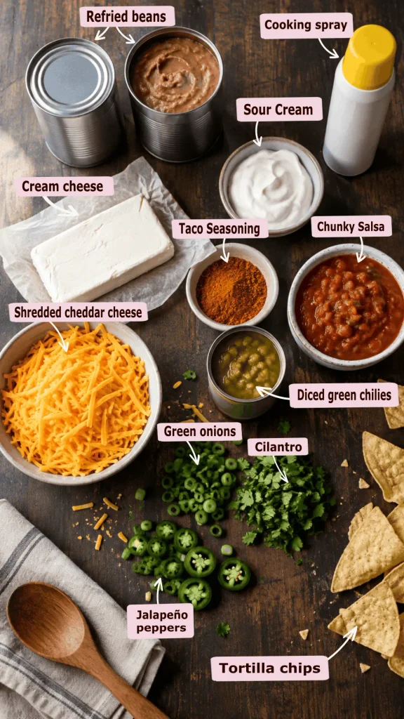 Labeled ingredients for bean and cheese dip on a wooden counter, including refried beans, cream cheese, and cheddar
