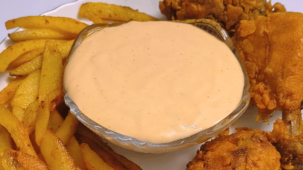 Creamy homemade Sonic Groovy Sauce in a glass bowl next to golden fries and crispy fried chicken